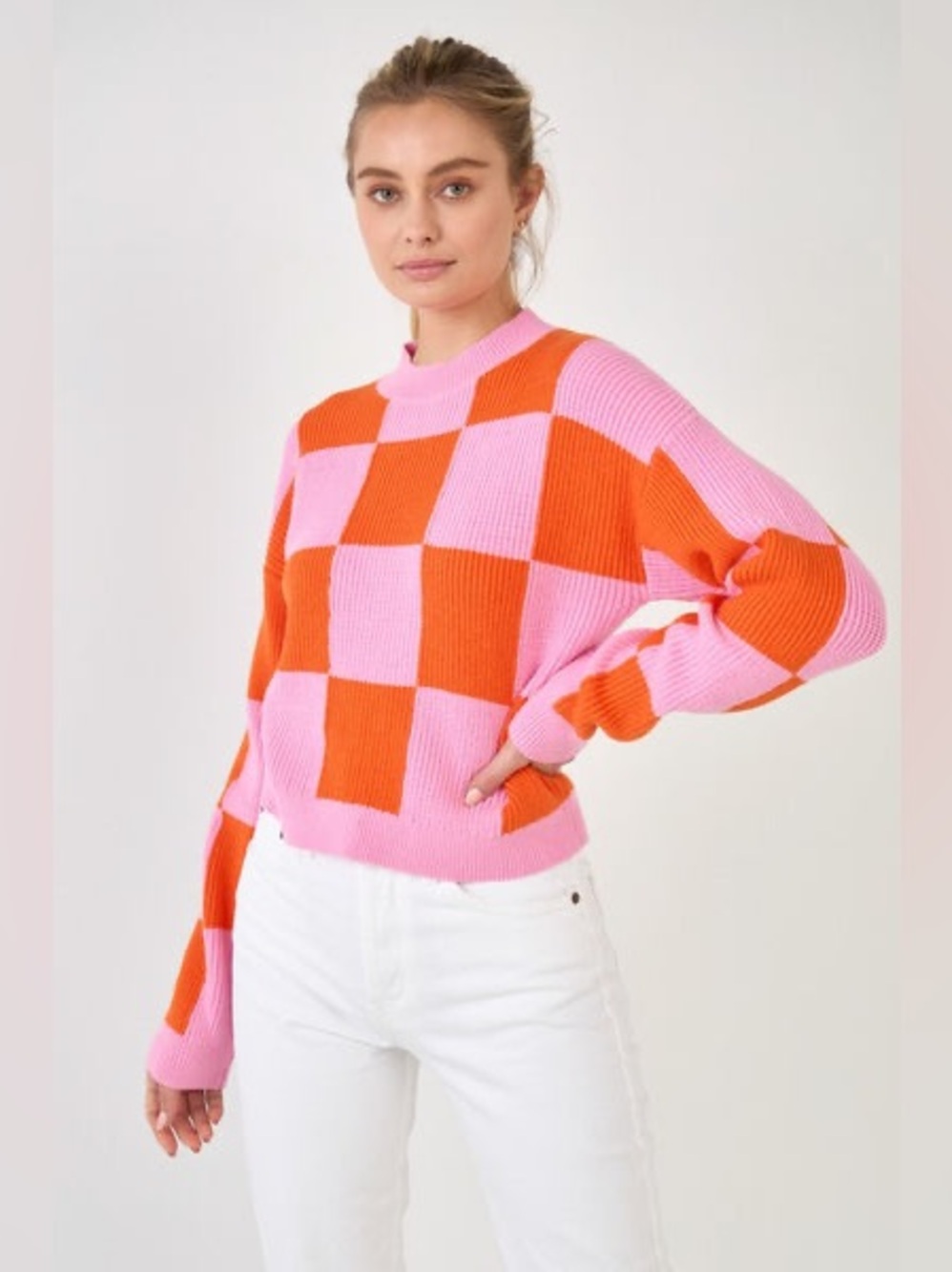 GREY LAB Pink and Orange Checkerboard Crewneck Sweater
